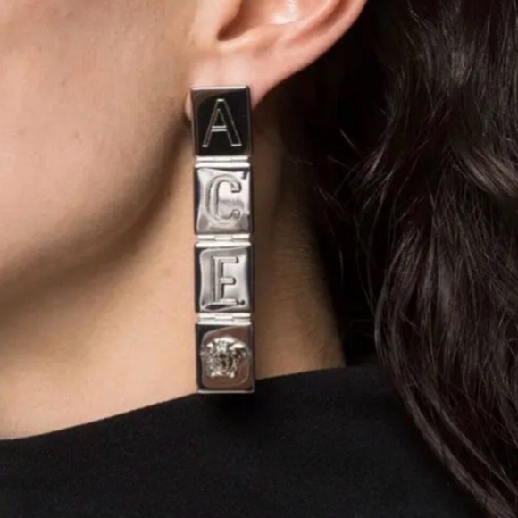 Versace x Dua Lipa Logo Letter Drop Earrings Silver Blocks Medusa NIB $925retail - Picture 3 of 8